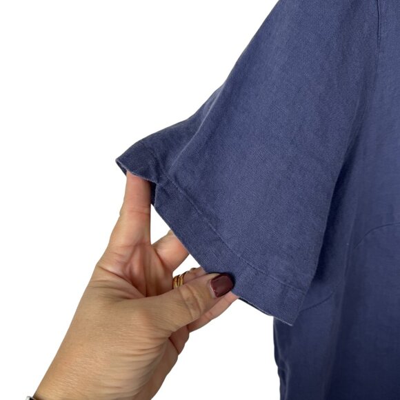 L.L. Bean Linen Blue Lightweight Button Up Blouse Top Short Sleeve Women Size LG - Picture 2 of 8